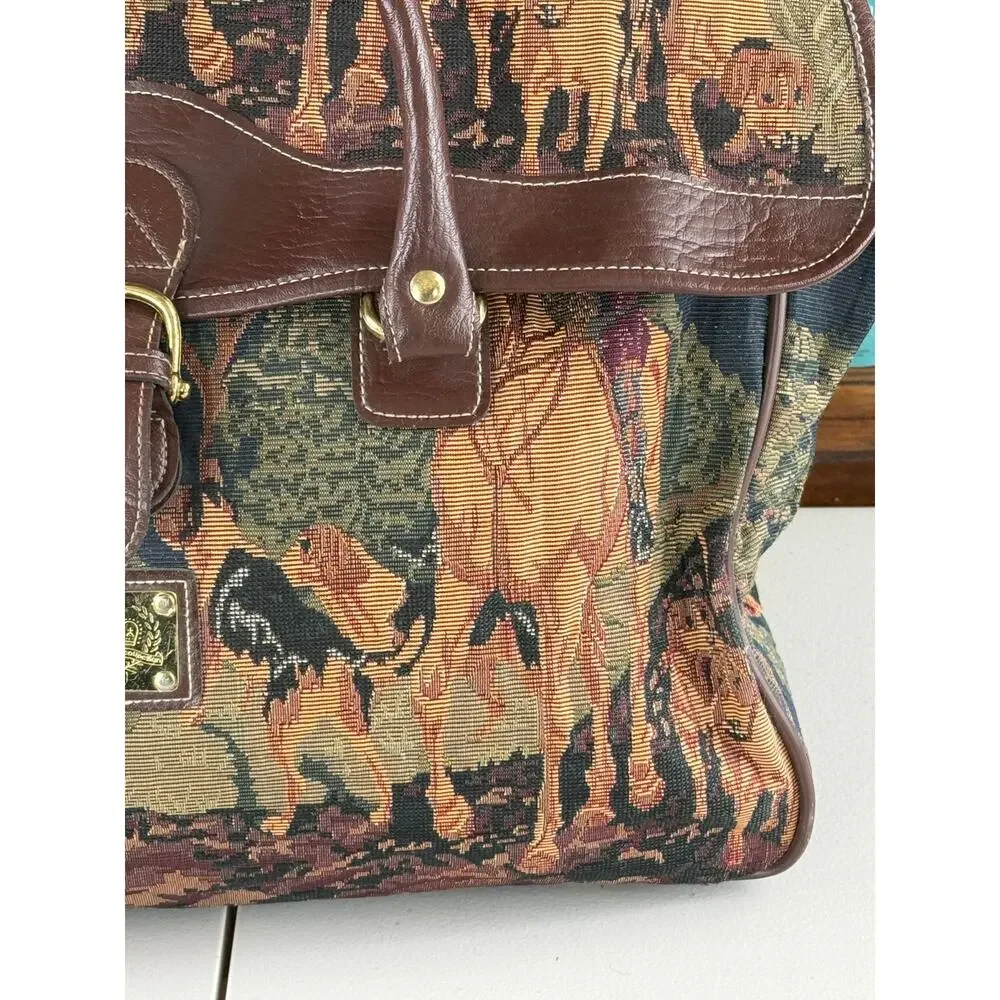 Vtg 1980's Capezio Equestrian Tapestry Faux Leather English Countryside Bag